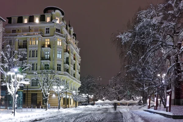 Night photo of snowy street in center of Sofia city