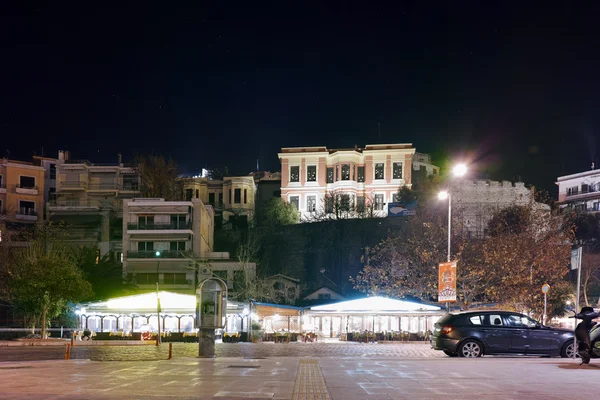 Night photo of old house in town of Kavala, Greece