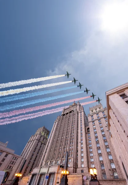 Ministry of Foreign Affairs of the Russian Federation and Russian military aircrafts fly in formation, Moscow, Russia