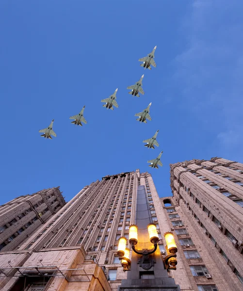 Ministry of Foreign Affairs of the Russian Federation and Russian military aircrafts fly in formation, Moscow, Russia