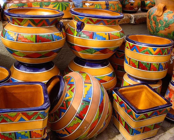 Talavera pots with traditional Mexican designs