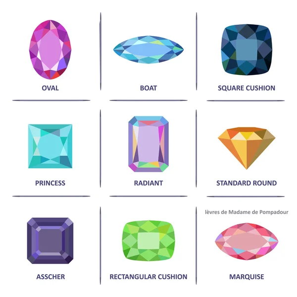 Low poly popular colored flat lay gems cuts infographics