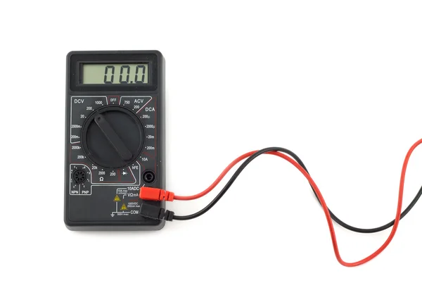 Digital multimeter with red and black wires shows zero on LCD display