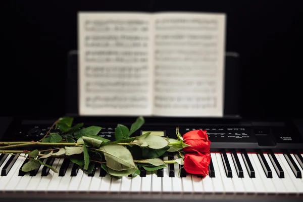 Red roses on piano keys and music book