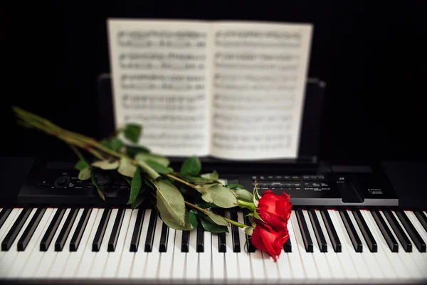 Red roses on piano keys and music book