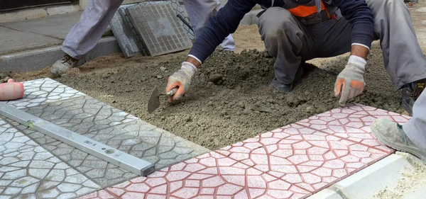 Picture of a workers paving  walkway Men at work concept