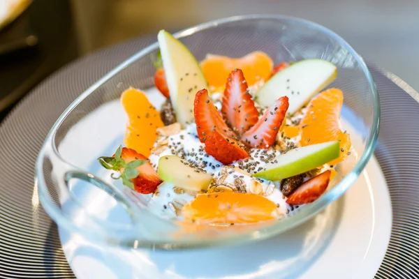 Healthy yogurt with fruits in a restaurant.