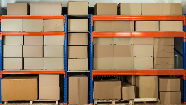 Warehouse Shelf With Cardboard Boxes