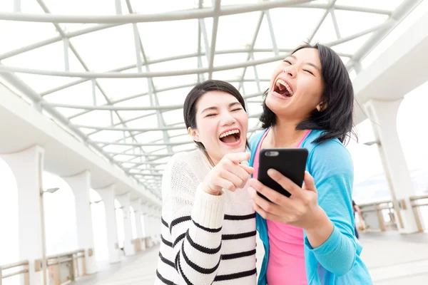 Excited women using mobile phone