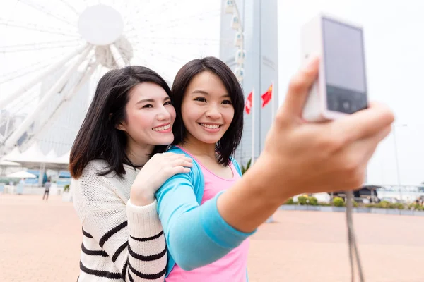 Women taking selfie by digital camera