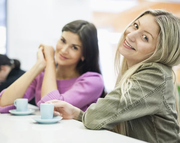 Businesswomen smiling at cafeteria table