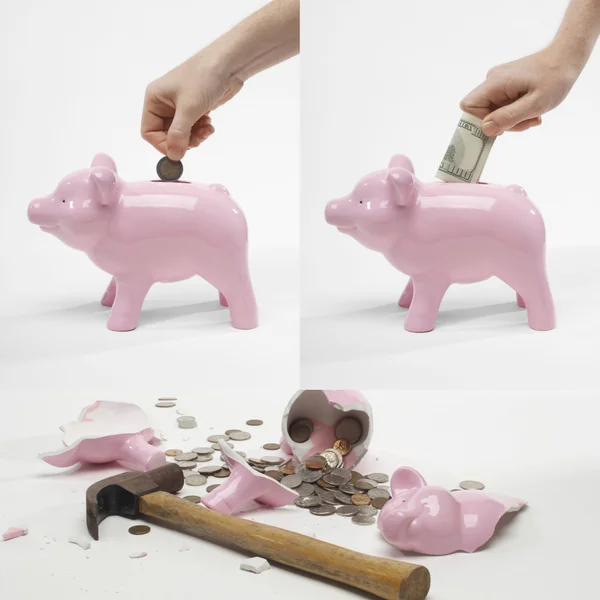 Man saving money into piggybank