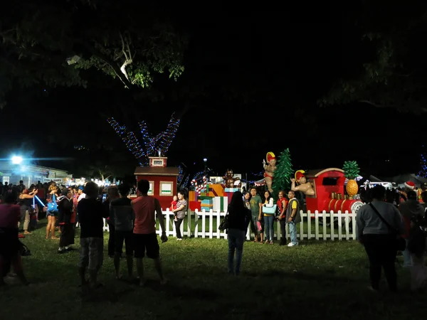 Crowd of people take photos in front of Christmas light display