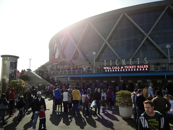 People gather outside the Oracle Arena before basketball game