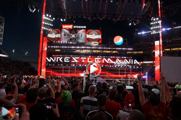 Fans cheer and record action on phones at close of Wrestlemania