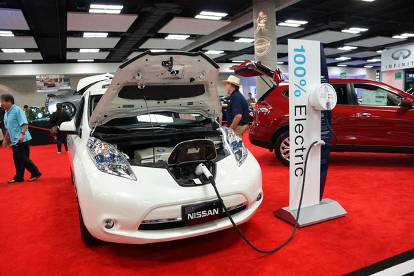 Electric Nissan Leaf car on display at the Motor Show exhibition