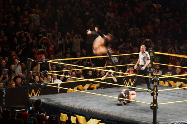 NXT male wrestler Finn Balor does Coup de Grace (Diving double