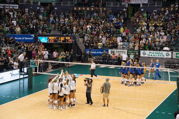 Women\'s Volleyball team players high five in a circle after game