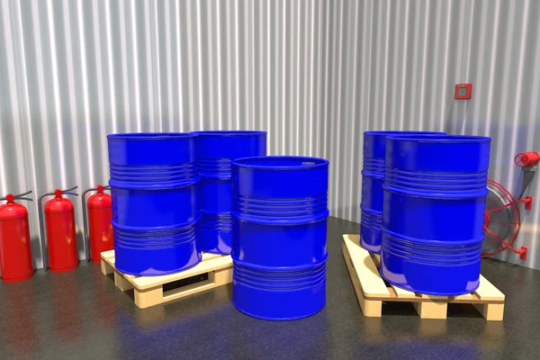 Barrels of fuel on a pallet are in the industrial warehouse.