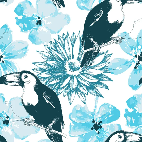Birds and blue watercolor flowers seamless pattern