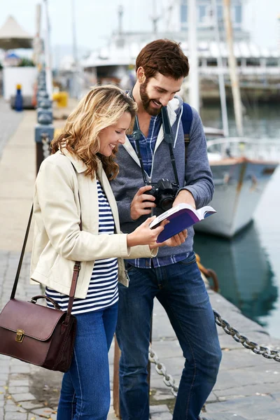 Couple with guide book on vacation