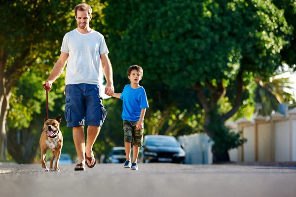 Father walking with dog and son