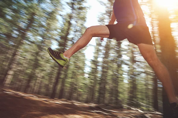 Runner jumping on trail run in forest
