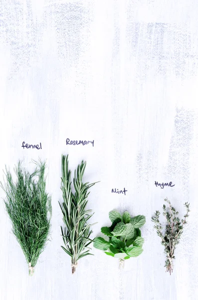 Variety of herbs on farmstyle background