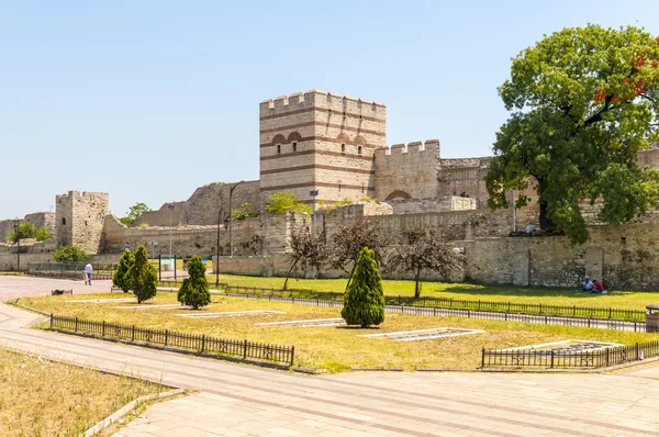 Ruins of ancient fortress wall of the Emperor Theodosius in the center of Istanbul. Turkey
