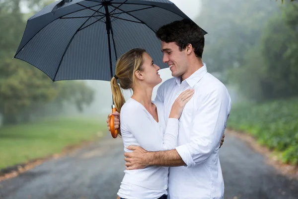 Young couple with umbrella in the rain