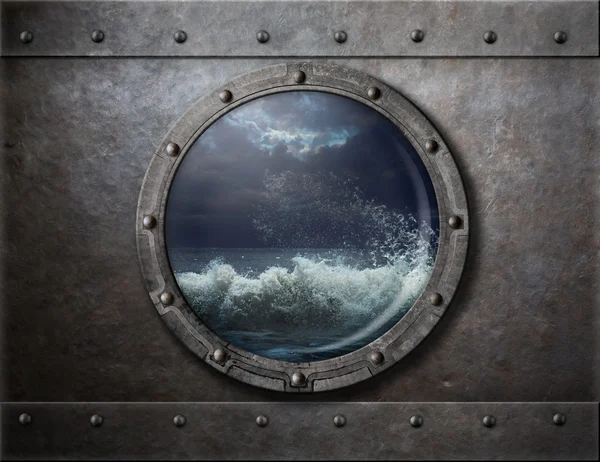 Old ship metal porthole or window with sea storm