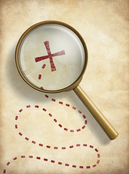 Pirates treasure old map with marked location and loupe. Searching concept.