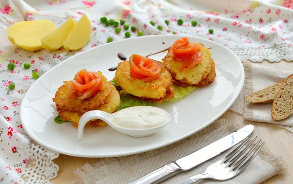 Potato pancakes with salmon.