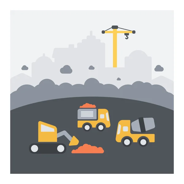 Urban landscape of urban construction work. Flat icons, dust and