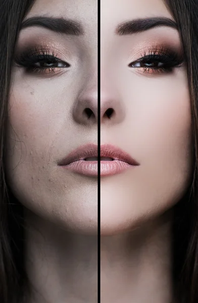 Woman face, half  digitaly retouched , before and after, Asian woman or mixed race