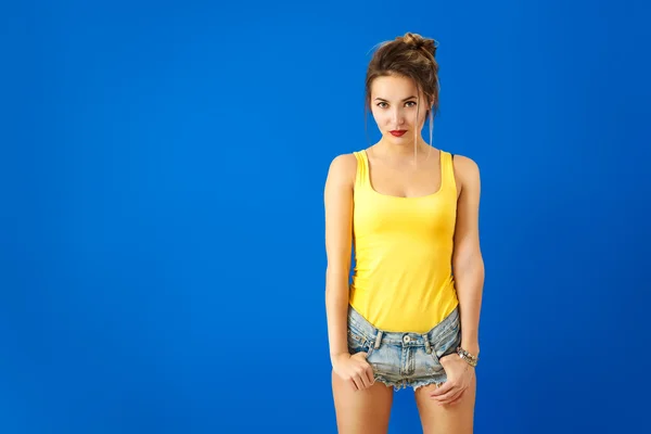 Sexy Summer Hipster Girl on Blue Background