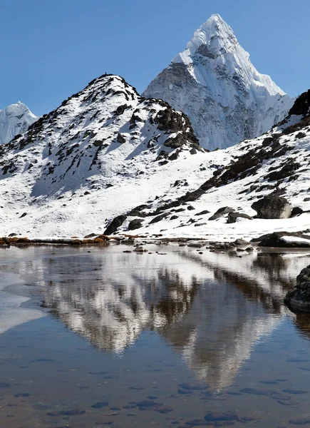 View of mount Ama Dablam mirroring in lake, Everest area