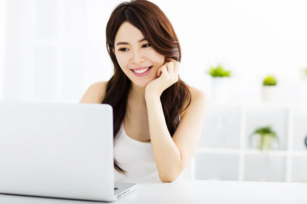 Young smiling asian woman  with laptop