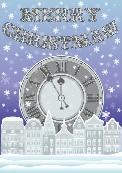 New year and Merry Christmas card with clock and winter city, vector illustration