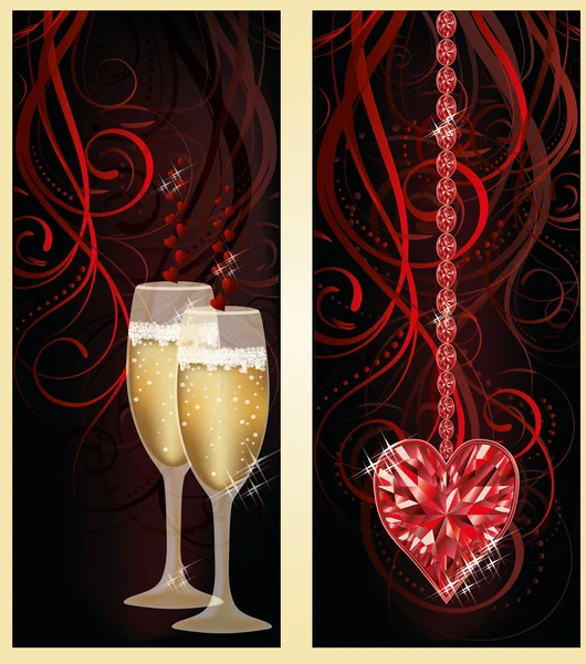 Love banners with champagne and ruby heart, vector illustration