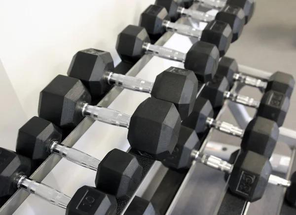 Weights. Rows of dumbbells on a rack