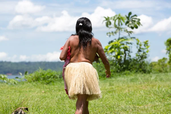 Amazon indian woman-hunter walking in the field near Manaus, Bra