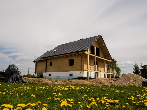 Construction of a wooden house and yellow dandelions in the meadow