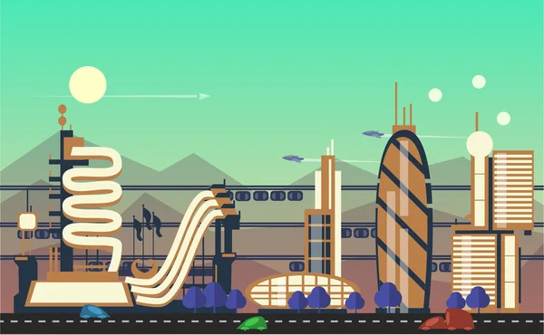 与现代建筑、 道路、 未来交通繁忙的城市市容