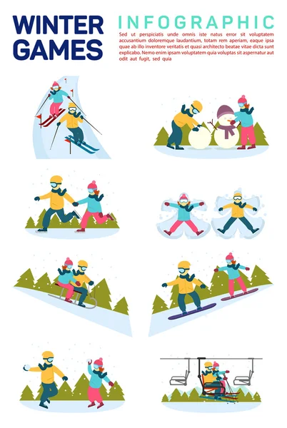 Vector flat illustration infographic of winter snow sport games. Skiing, making snowman, skating, angels on snow, sledding, snowboarding, moving by ski lift