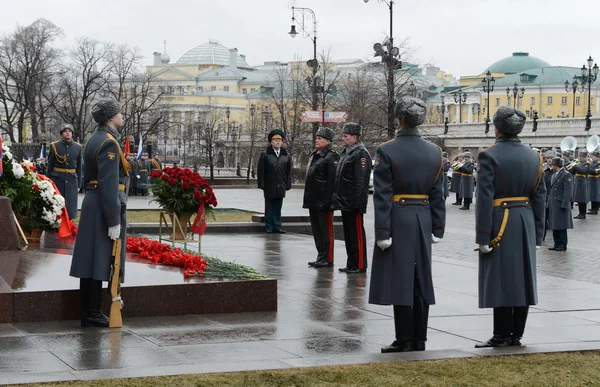 The ceremony of laying flowers and wreaths at the monument to Marshal Georgy Zhukov during the celebration of defender of the Fatherland Day.