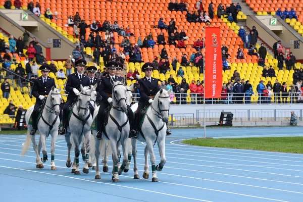 Mounted police patrol at the Moscow stadium