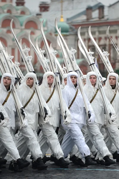 Russian soldiers in the form of the Great Patriotic War at the parade on Red Square in Moscow.