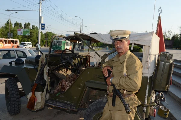 A man in a military uniform of the Second world war Mamayev Kurgan in Volgograd.