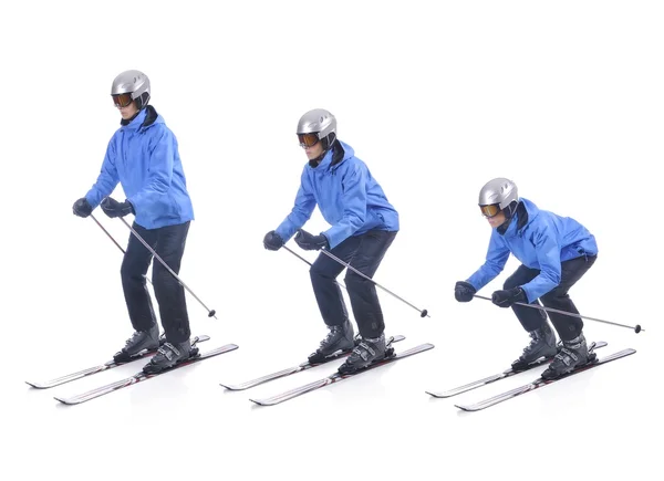 Skiier demonstrate how to take a correct position. Attitude in skiing.
